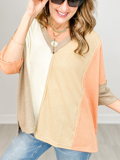 Half Sleeve V-Neck Color Block Thermal Knit Top