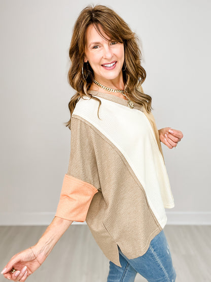 Half Sleeve V-Neck Color Block Thermal Knit Top