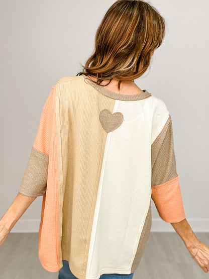 Half Sleeve V-Neck Color Block Thermal Knit Top
