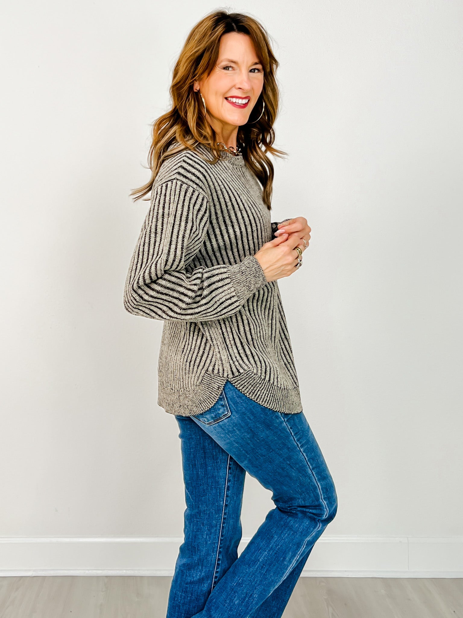 Curved Hem Two-Tone Hi-Low Sweater