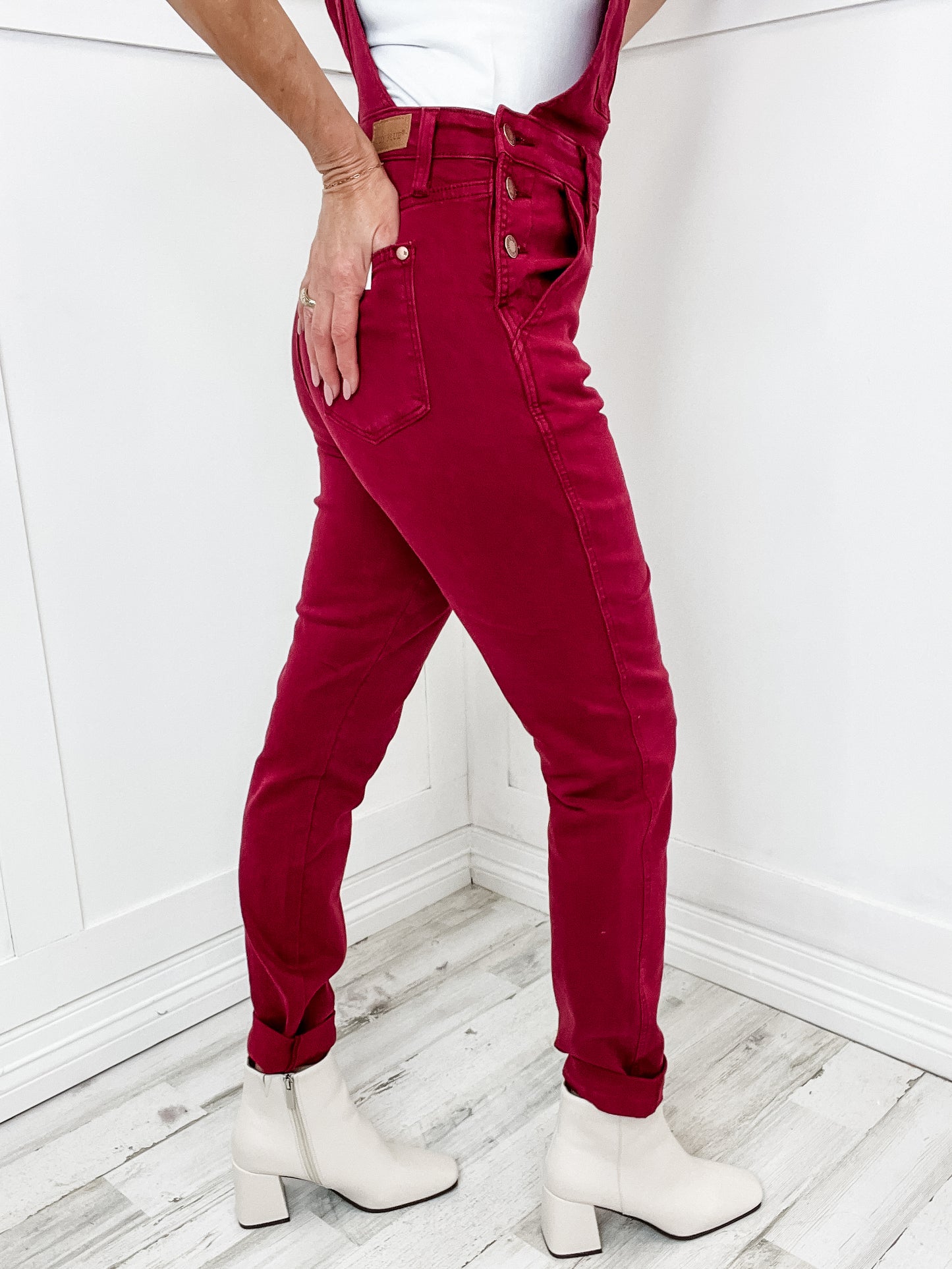 The Everly Judy Blue High Waist Garment Dyed Double Cuff Denim Overall in Maroon