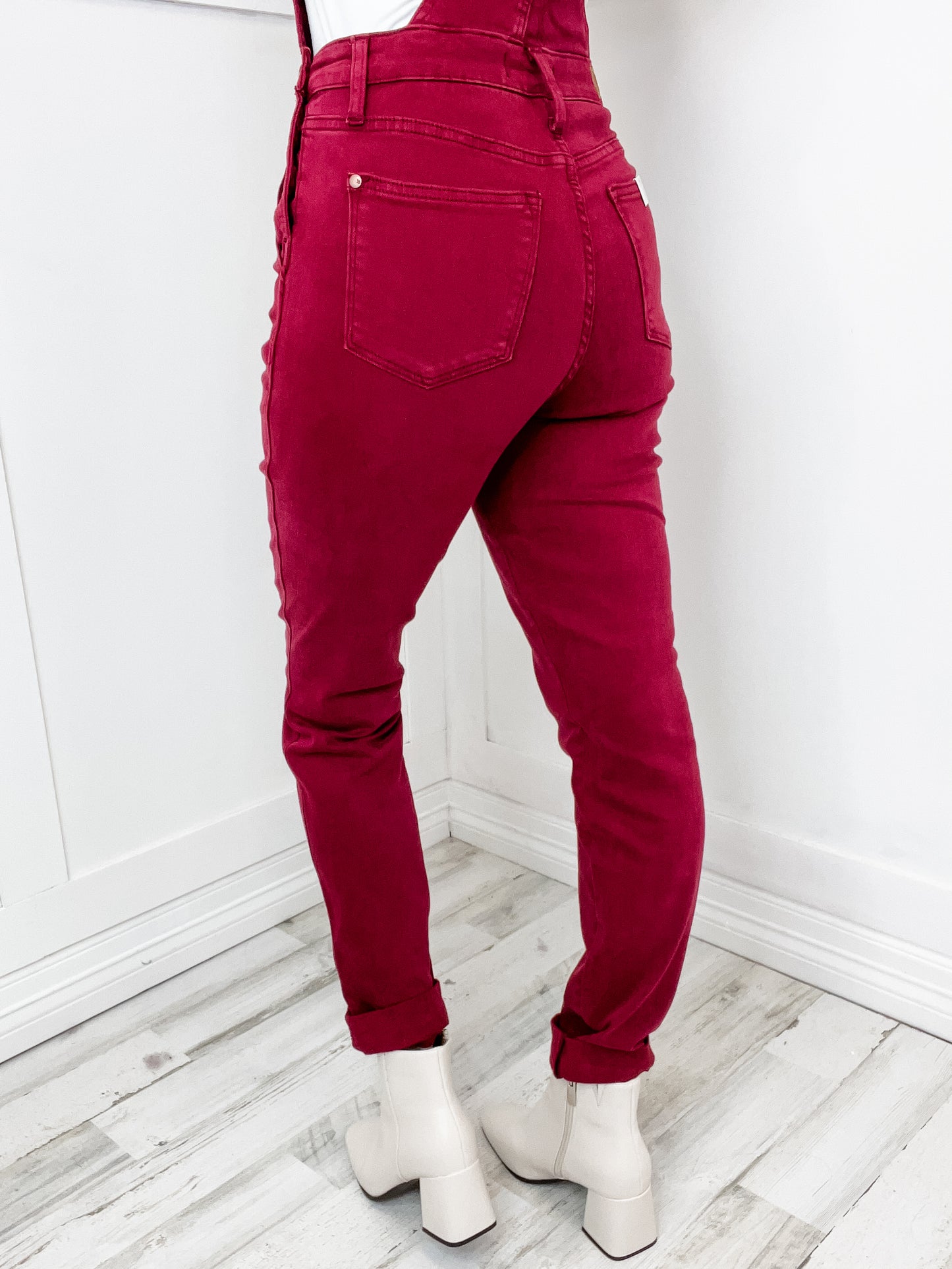 The Everly Judy Blue High Waist Garment Dyed Double Cuff Denim Overall in Maroon