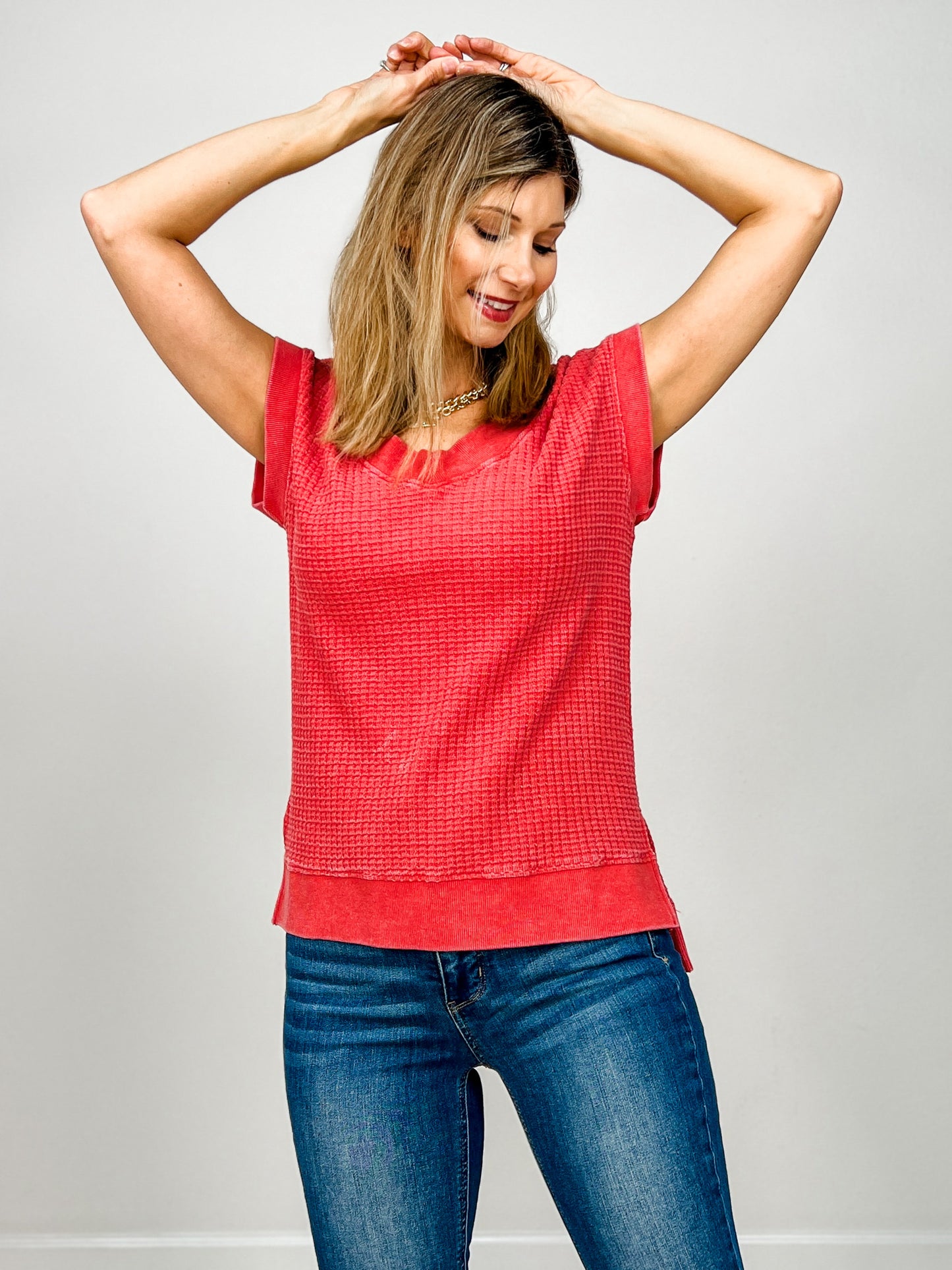 Chunky Waffle Mineral Wash Short Sleeve Top