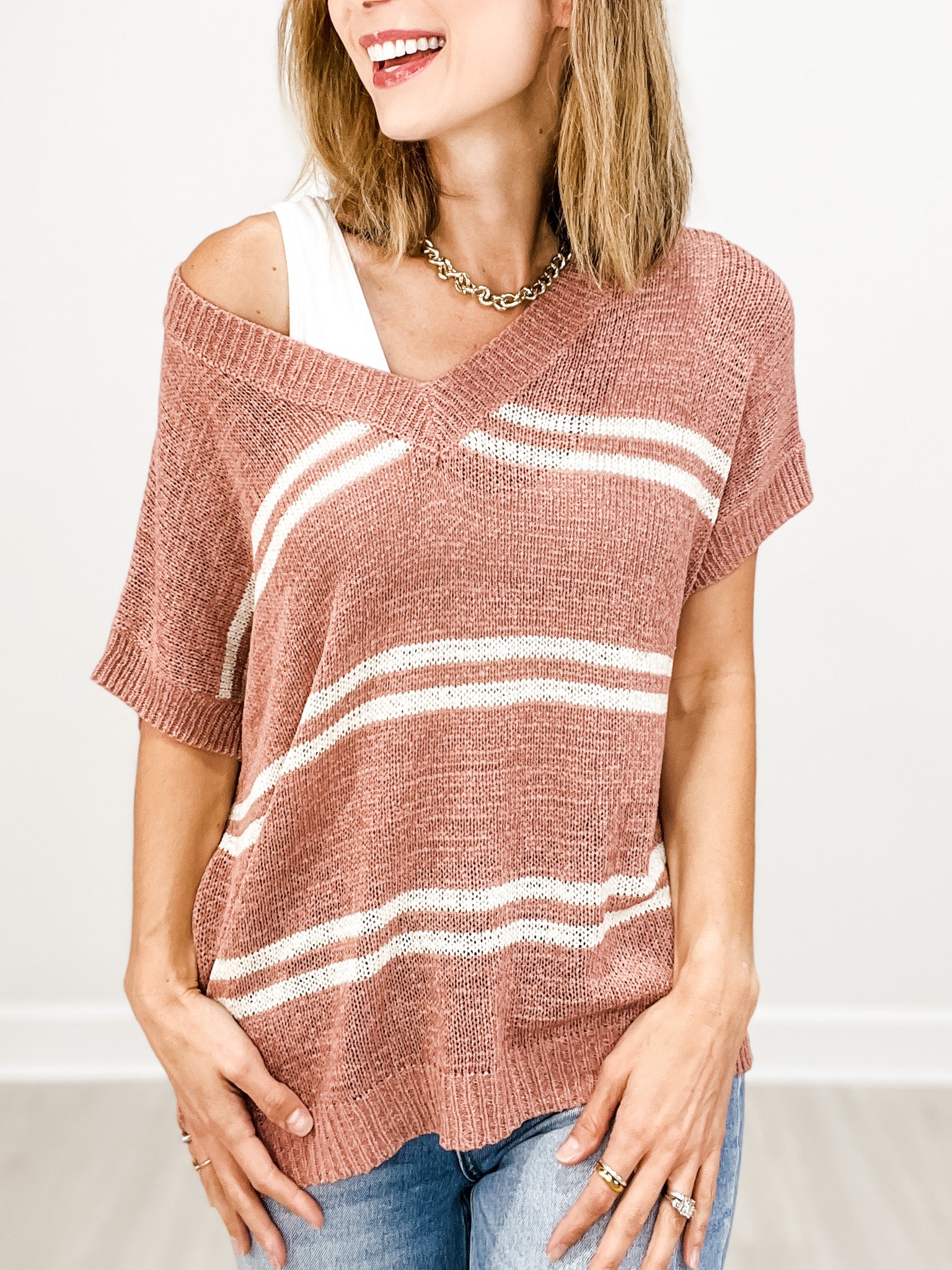 Striped V-Neck Cap Sleeve Oversized Fit Sweater