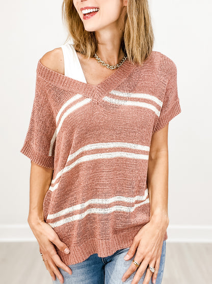 Striped V-Neck Cap Sleeve Oversized Fit Sweater