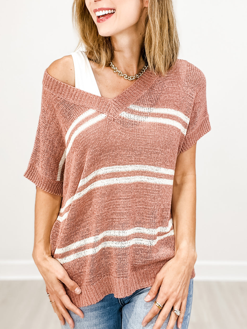 Striped V-Neck Cap Sleeve Oversized Fit Sweater