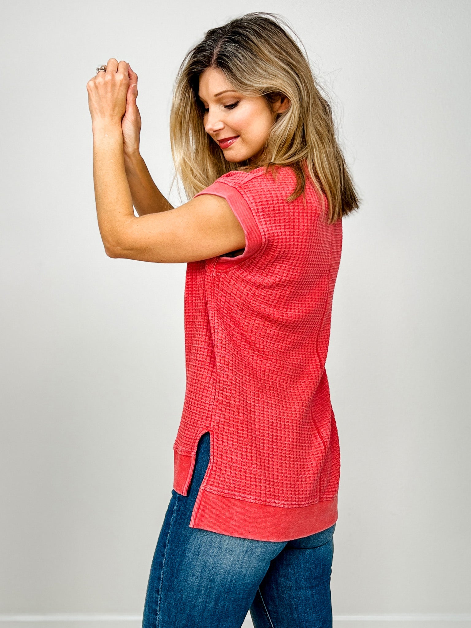 Chunky Waffle Mineral Wash Short Sleeve Top