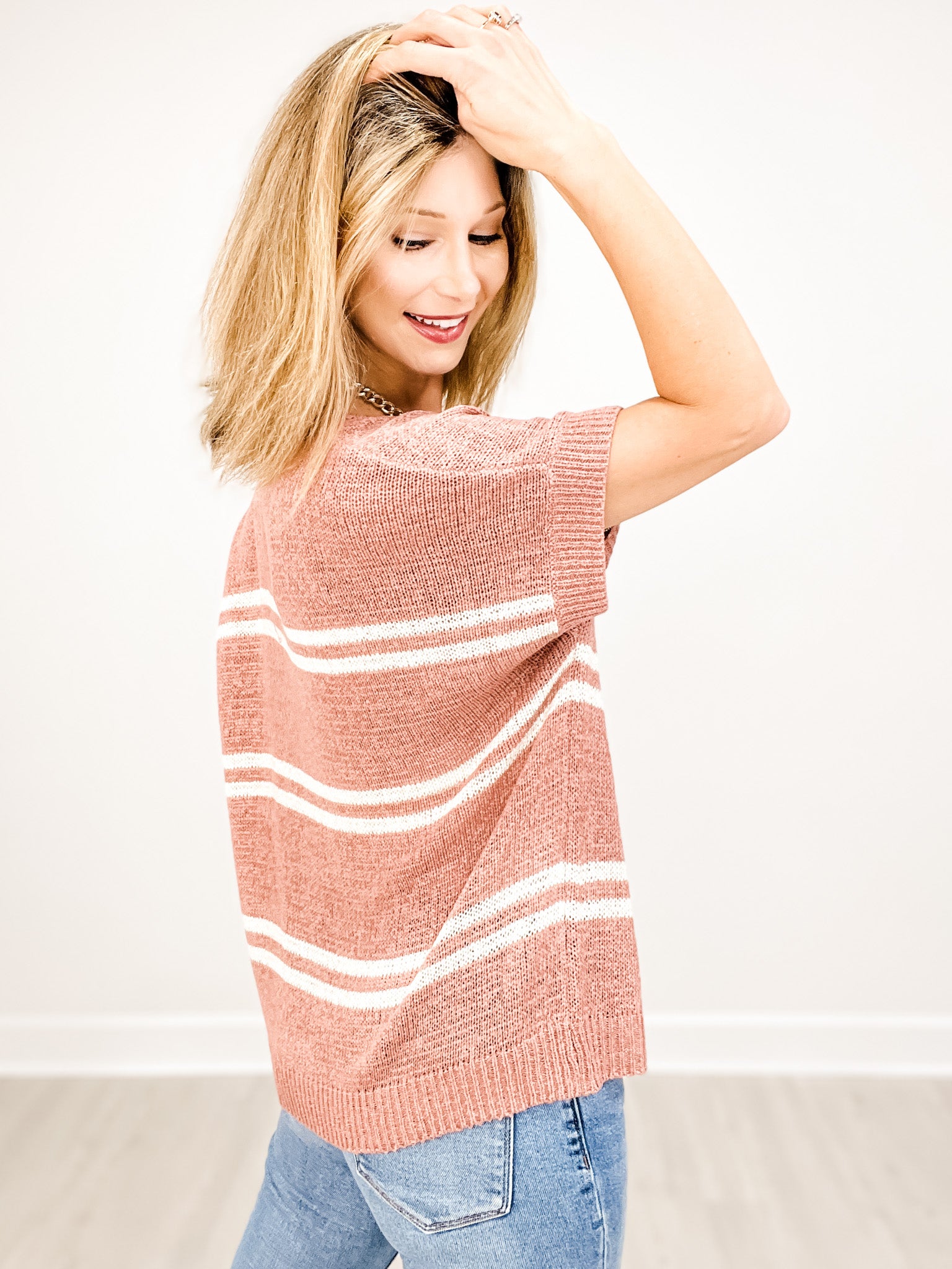 Striped V-Neck Cap Sleeve Oversized Fit Sweater