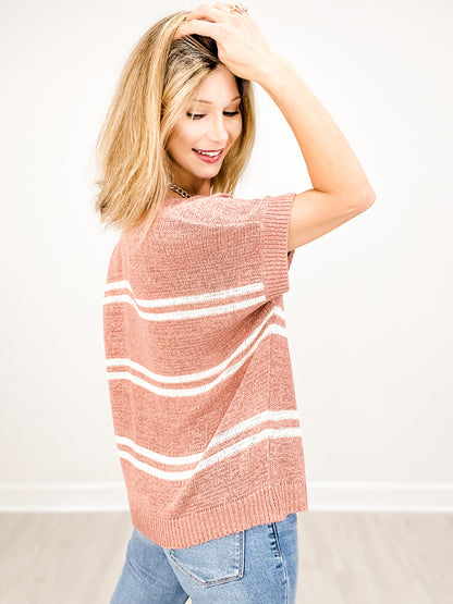Striped V-Neck Cap Sleeve Oversized Fit Sweater