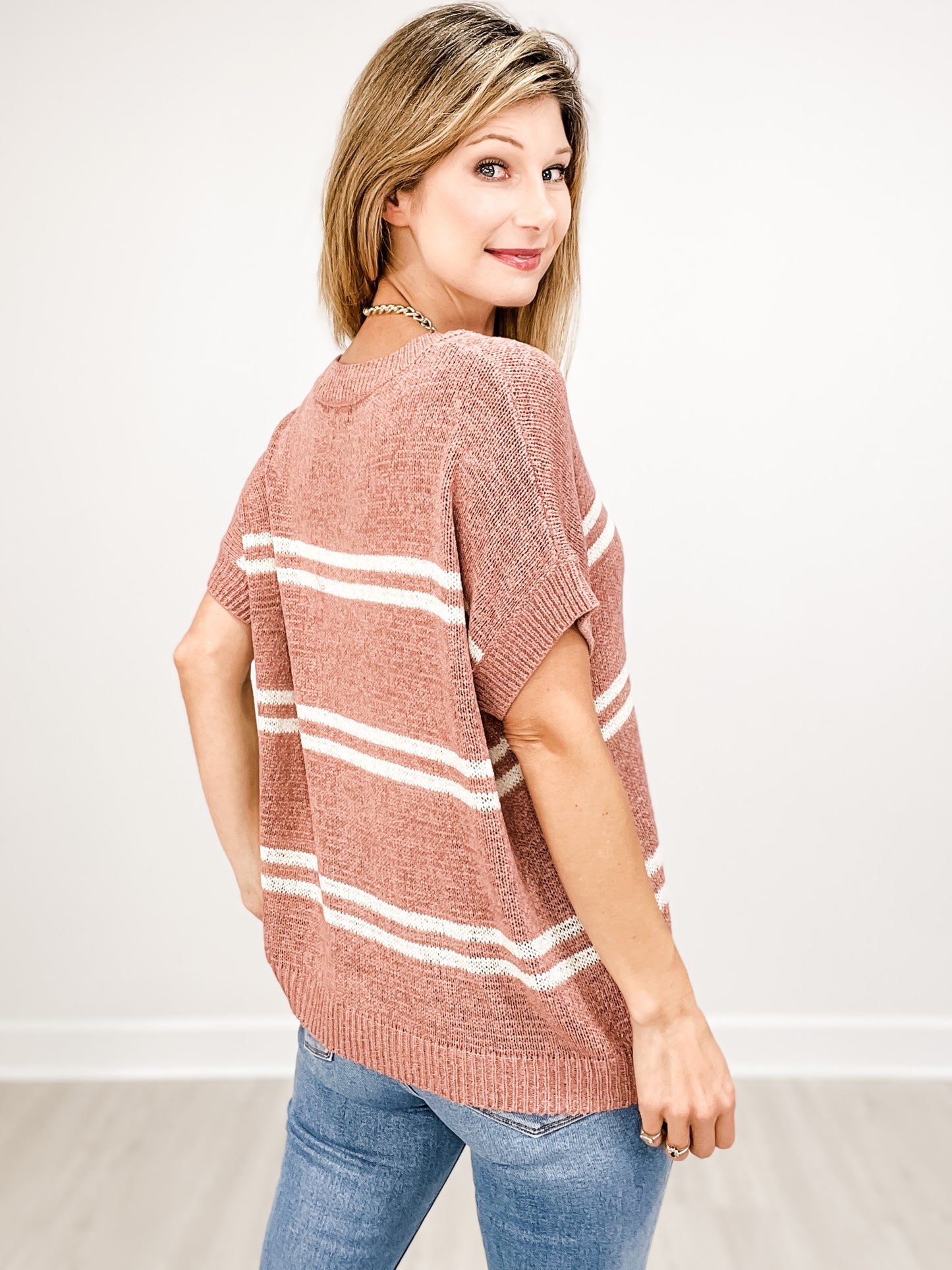 Striped V-Neck Cap Sleeve Oversized Fit Sweater