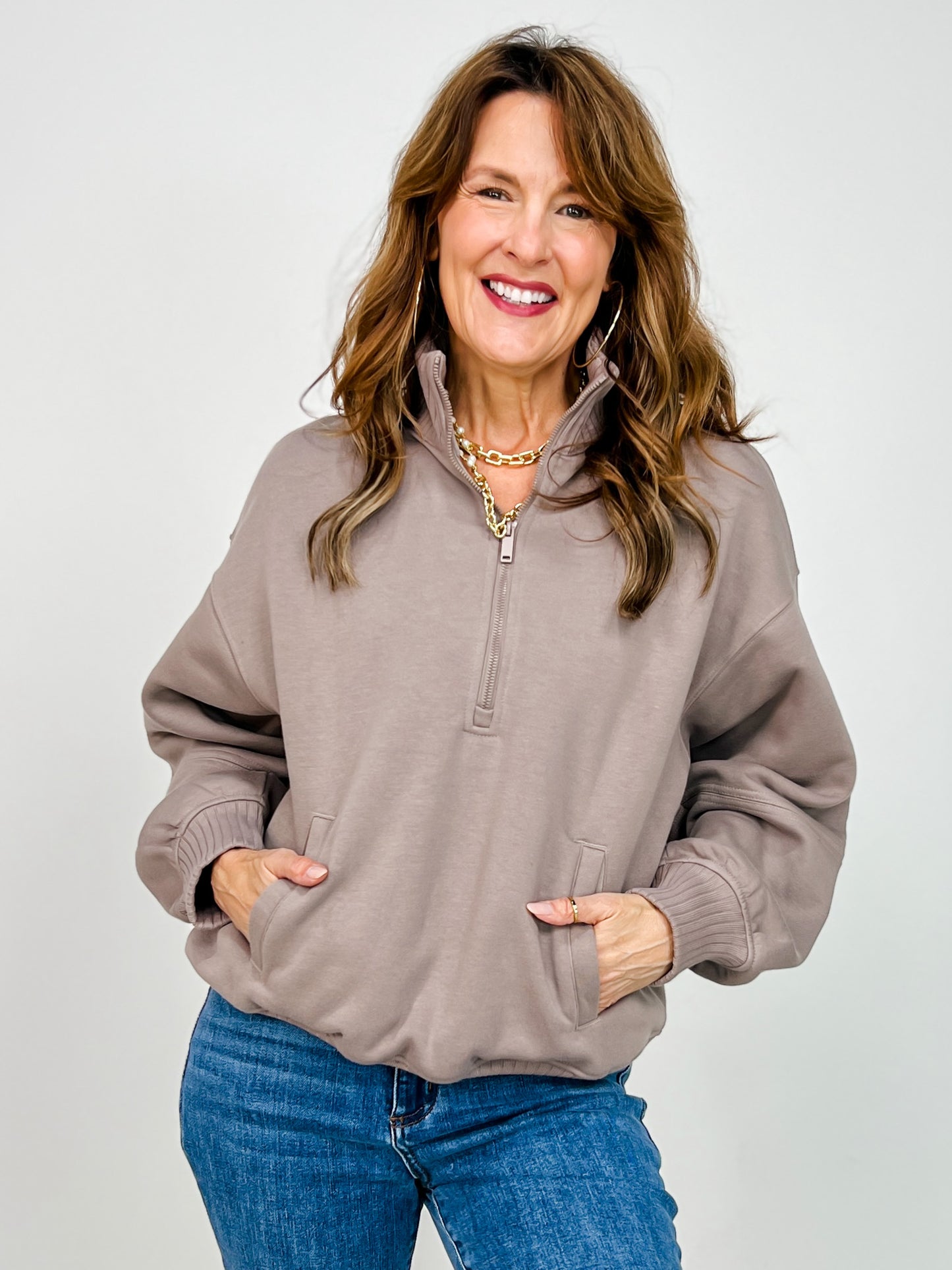 French Terry Fleece Quarter Zip Sweatshirt in Dark Taupe