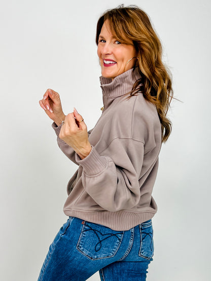 French Terry Fleece Quarter Zip Sweatshirt in Dark Taupe