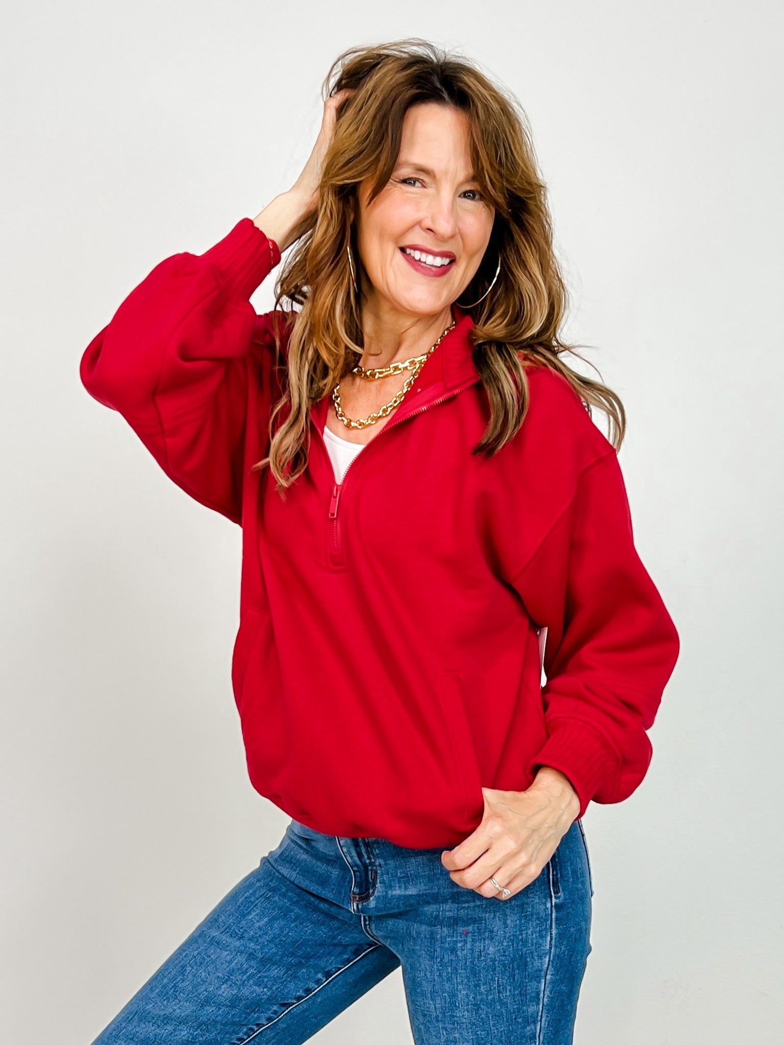 French Terry Fleece Quarter Zip Sweatshirt in True Red