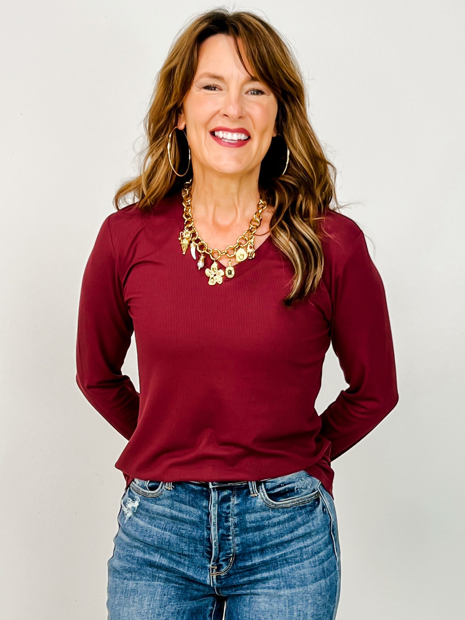 The Lucy Long Sleeve V-Neck Top - Jewel Tones