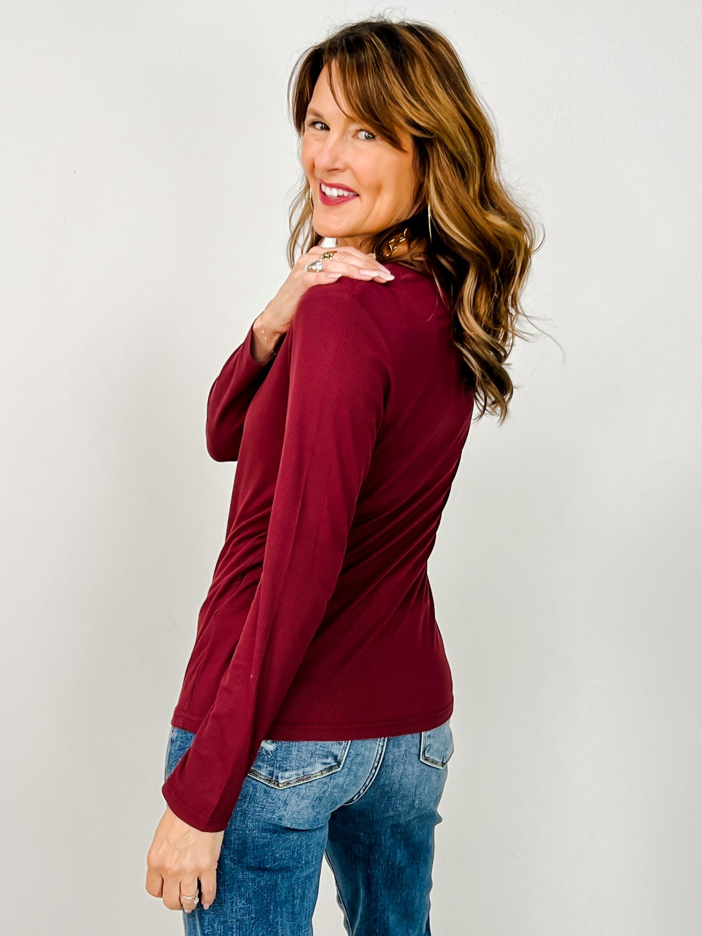 The Lucy Long Sleeve V-Neck Top - Jewel Tones