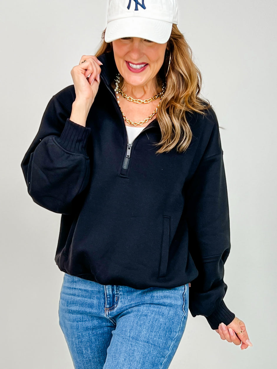 French Terry Fleece Quarter Zip Sweatshirt in Black