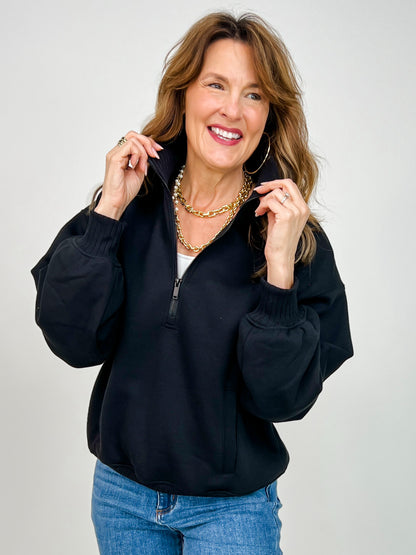 French Terry Fleece Quarter Zip Sweatshirt in Black