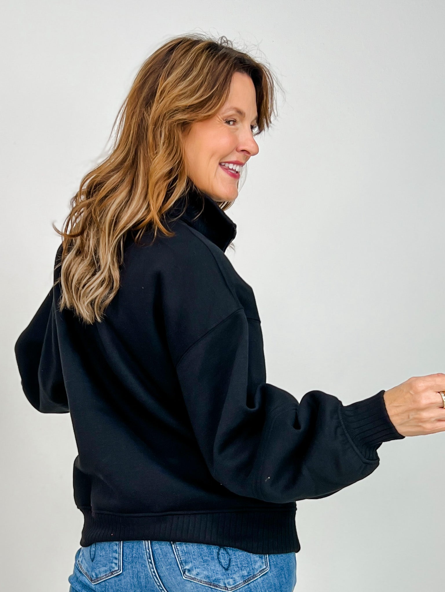 French Terry Fleece Quarter Zip Sweatshirt in Black