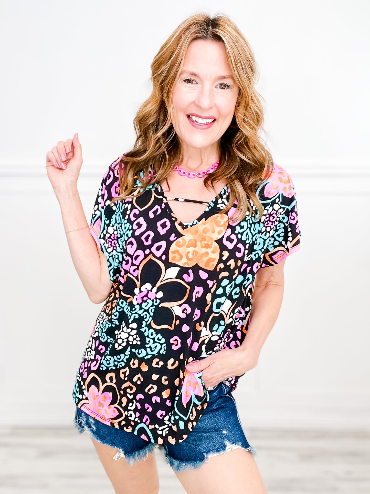 Sweet Soul Wrinkle-Free Animal Floral V-Neck Top