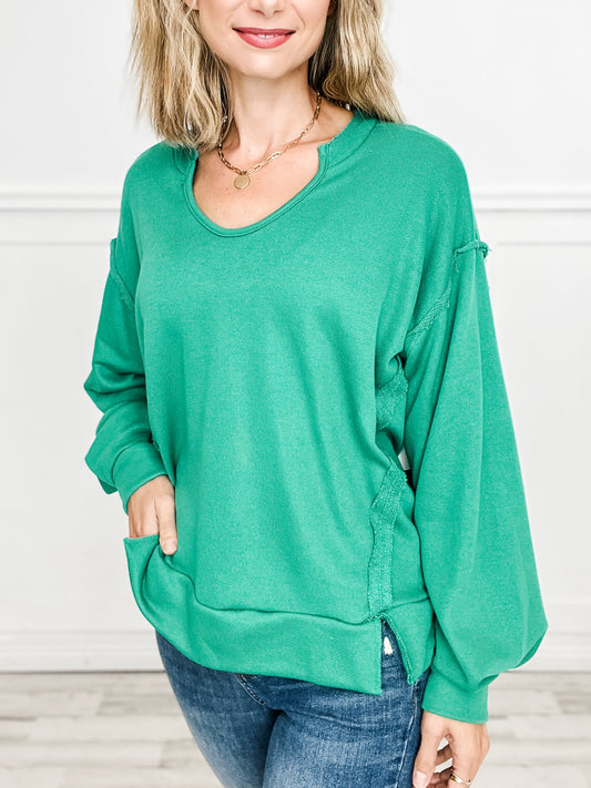 Raw Edge Split Neck Knit Pullover Top