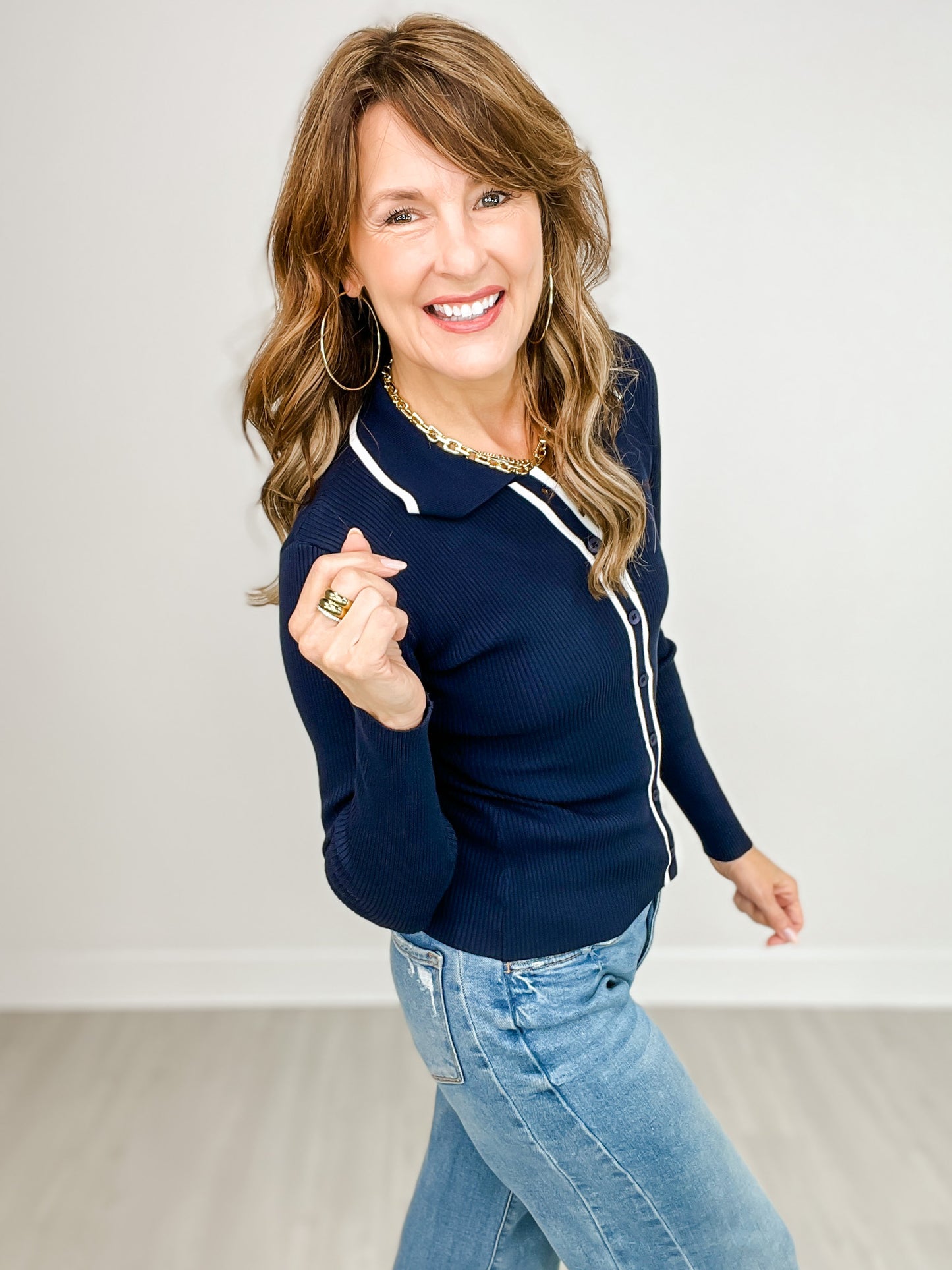 Striped Button Down Collared Knit Top