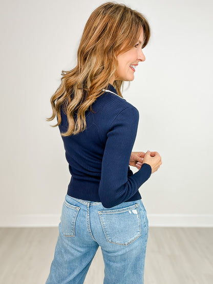 Striped Button Down Collared Knit Top
