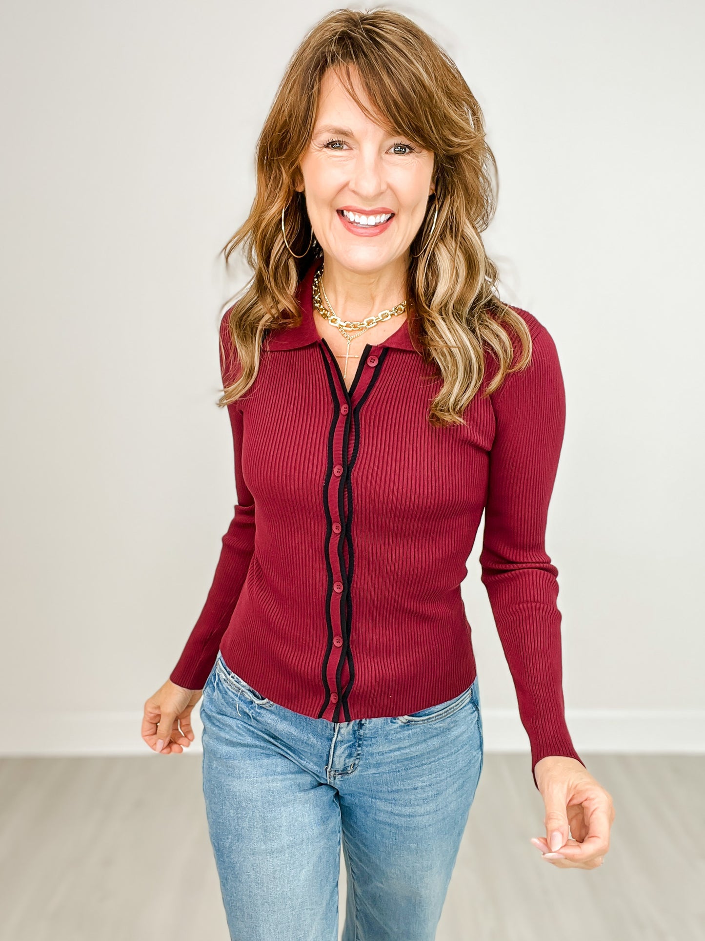 Striped Button Down Collared Knit Top