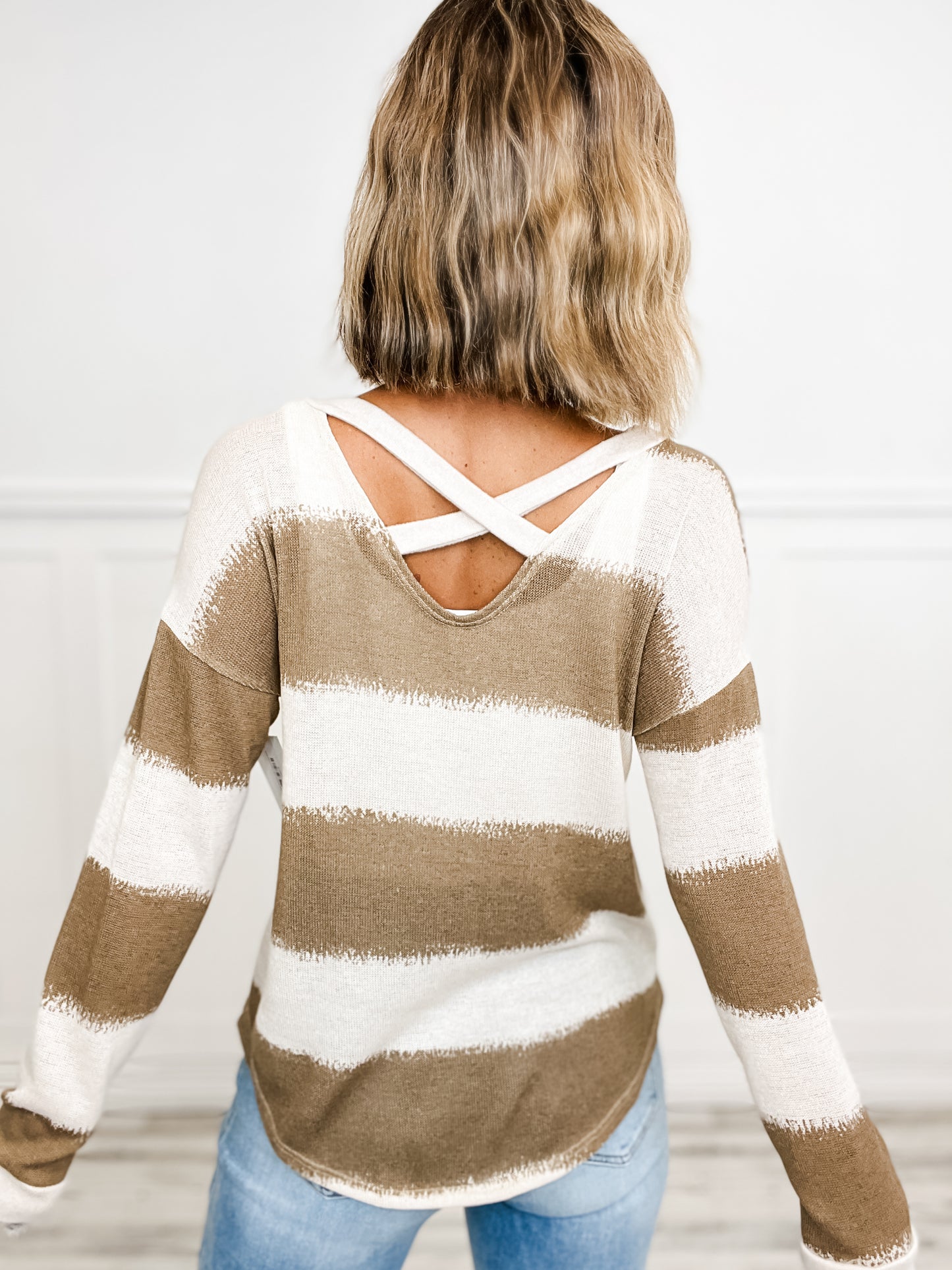 Long Sleeve Striped Sweater with Criss-Cross Back