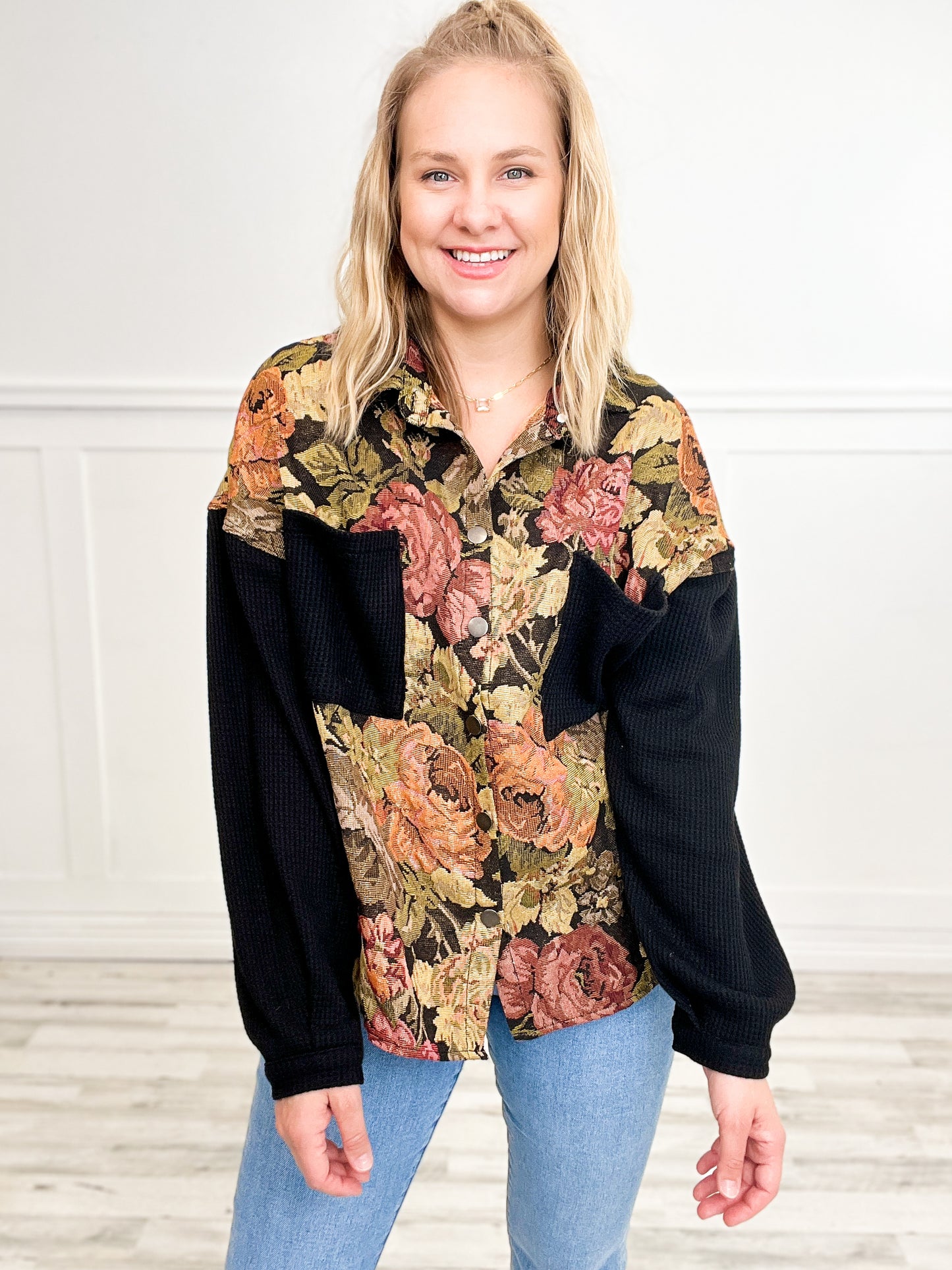 Contrast Sleeves Button Down Floral Jacquard Top