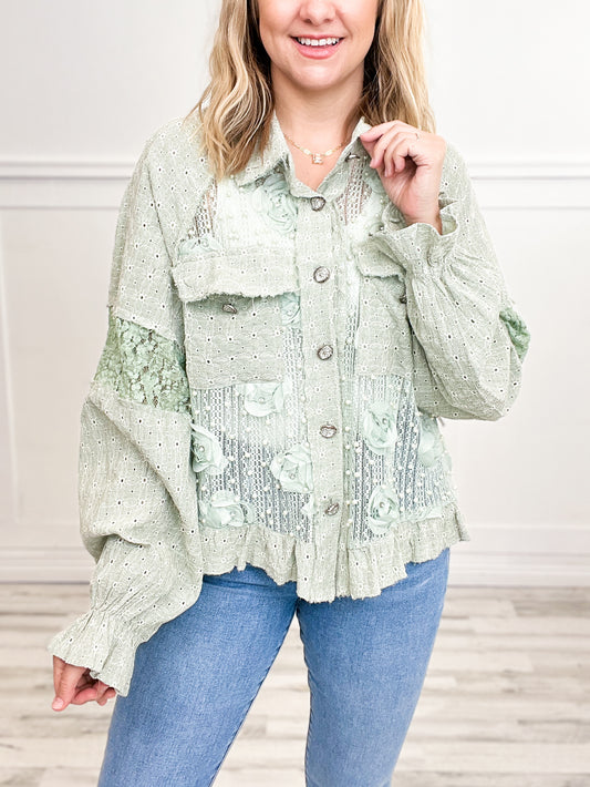 Long Balloon Sleeve Flower Detail Button Down Top