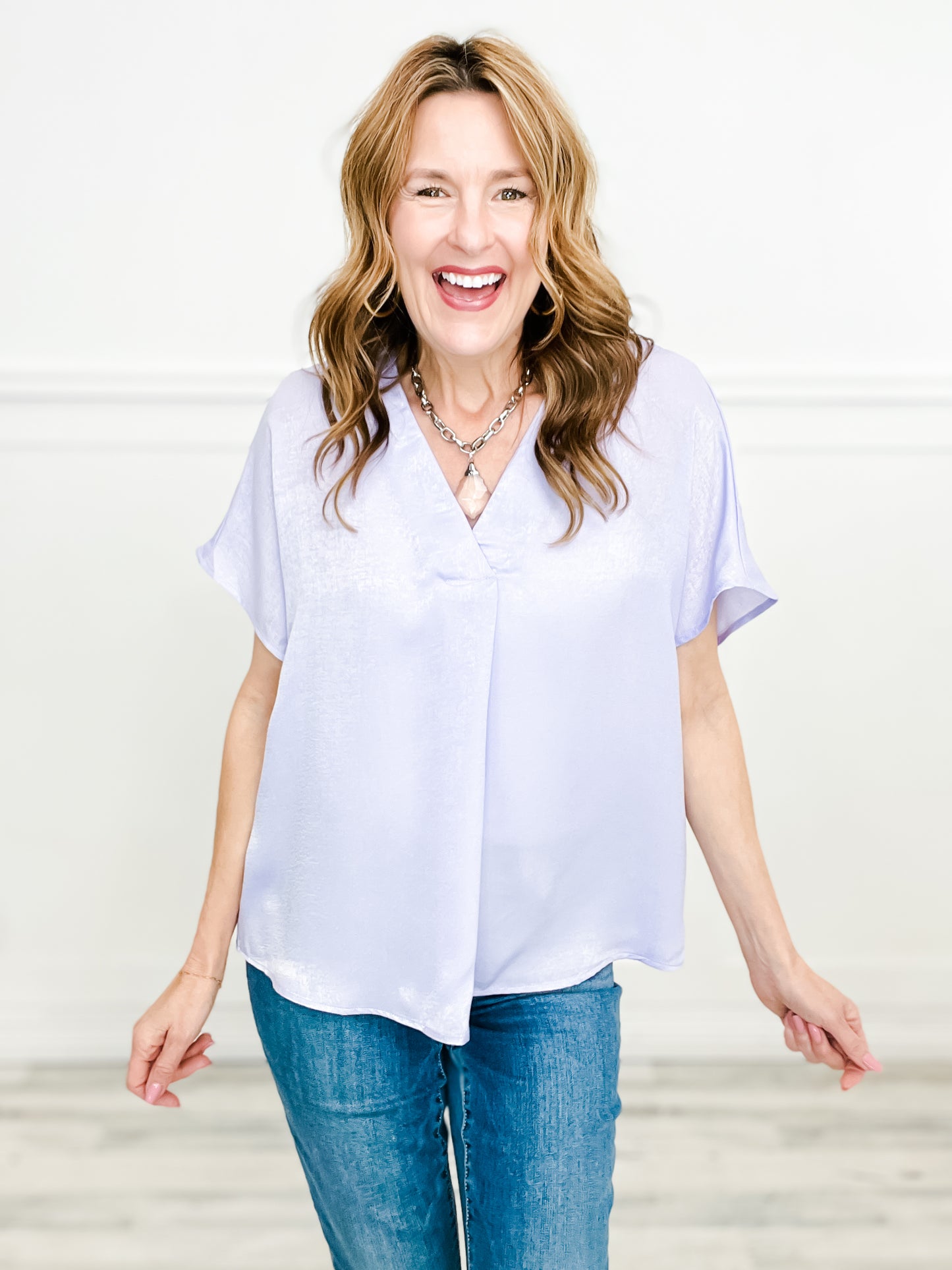 Satin Short Sleeve V-Neck Top