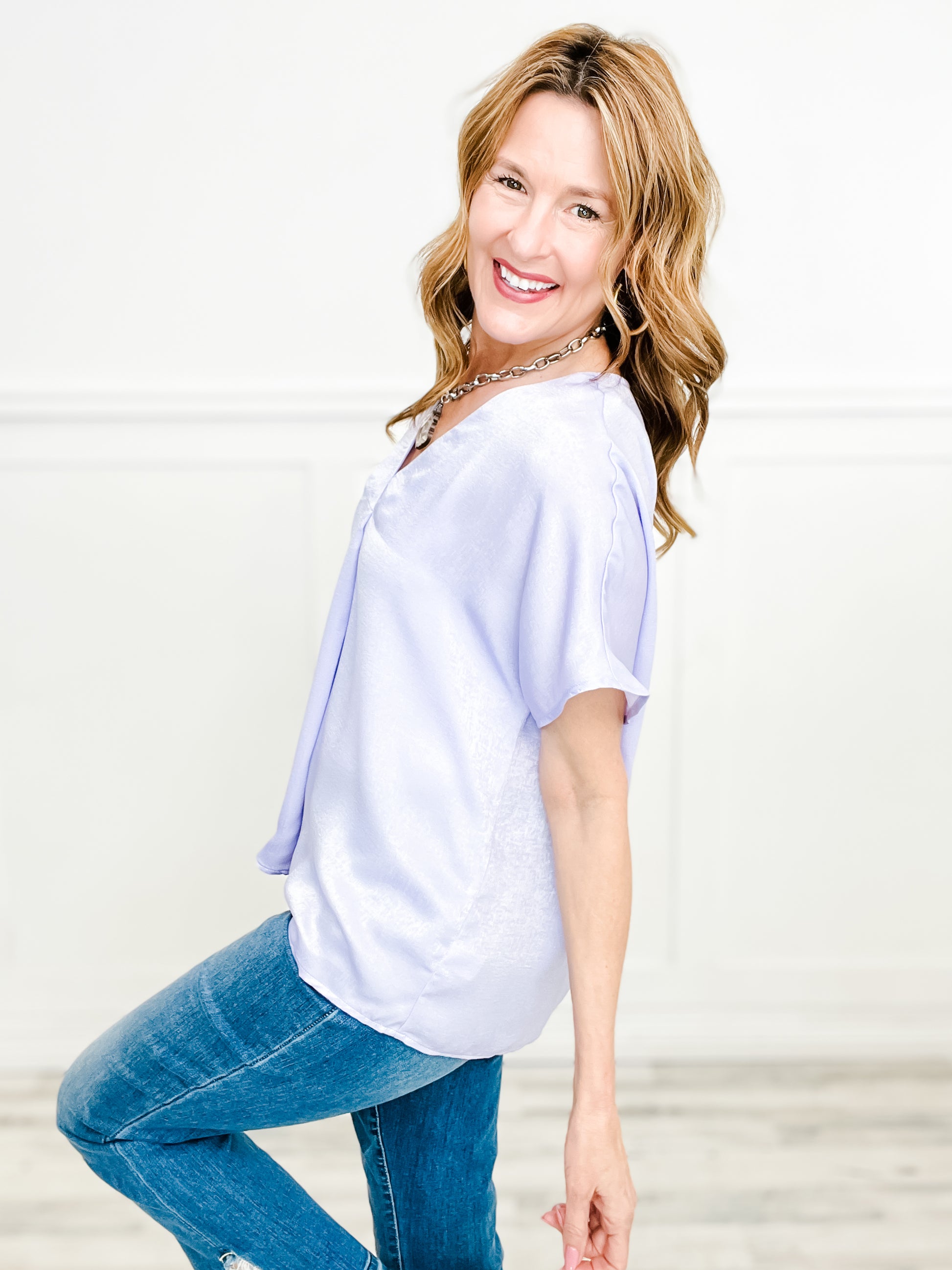 Satin Short Sleeve V-Neck Top