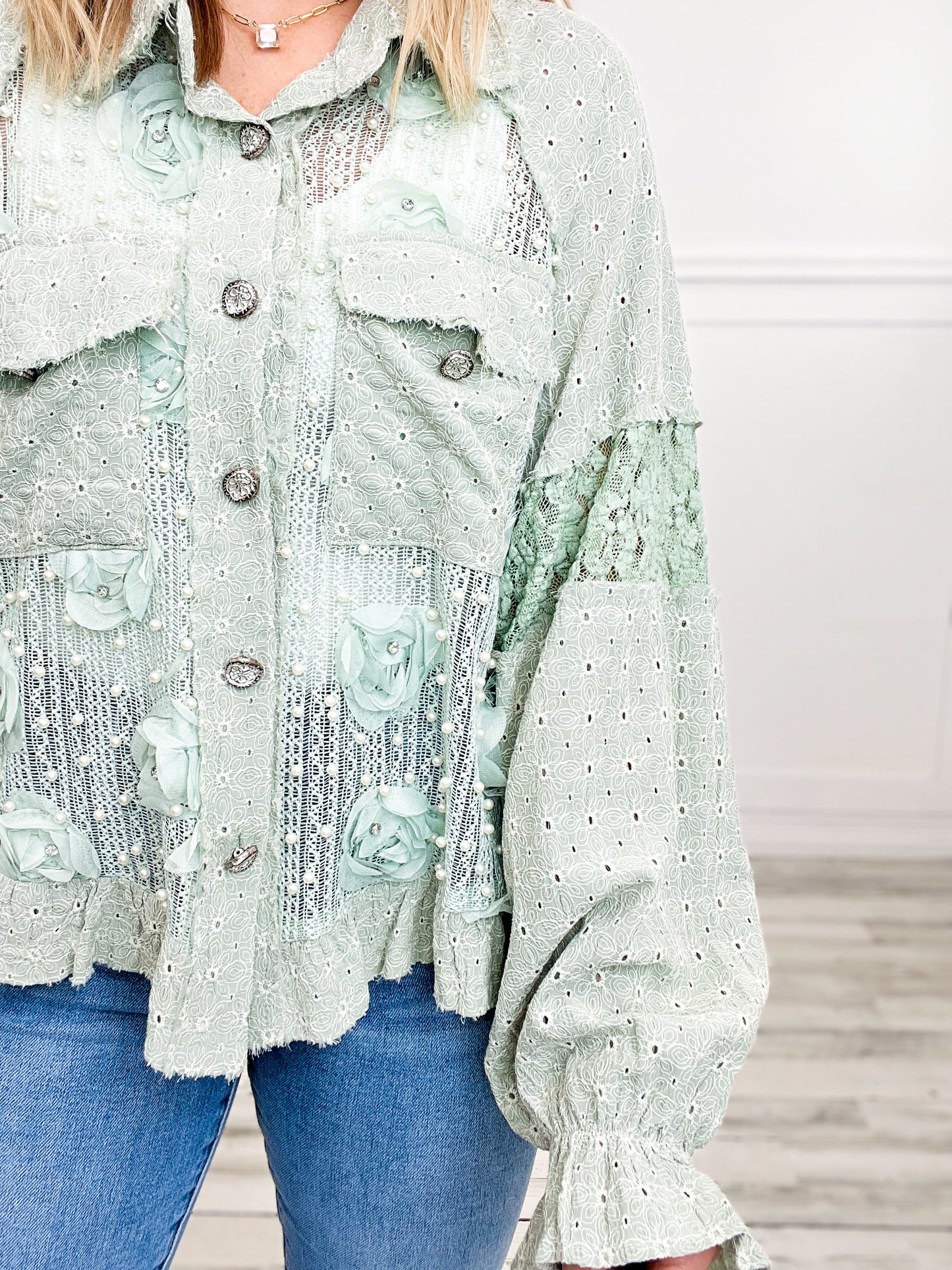 Long Balloon Sleeve Flower Detail Button Down Top