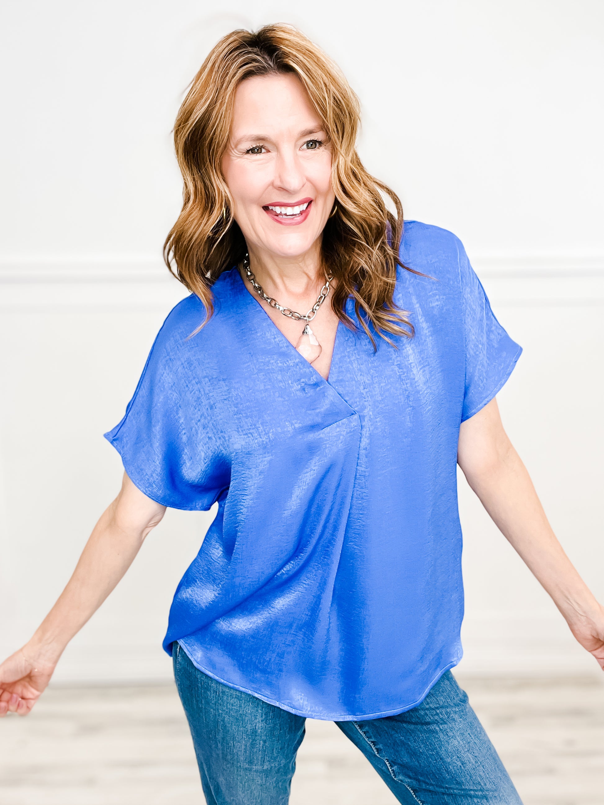 Satin Short Sleeve V-Neck Top