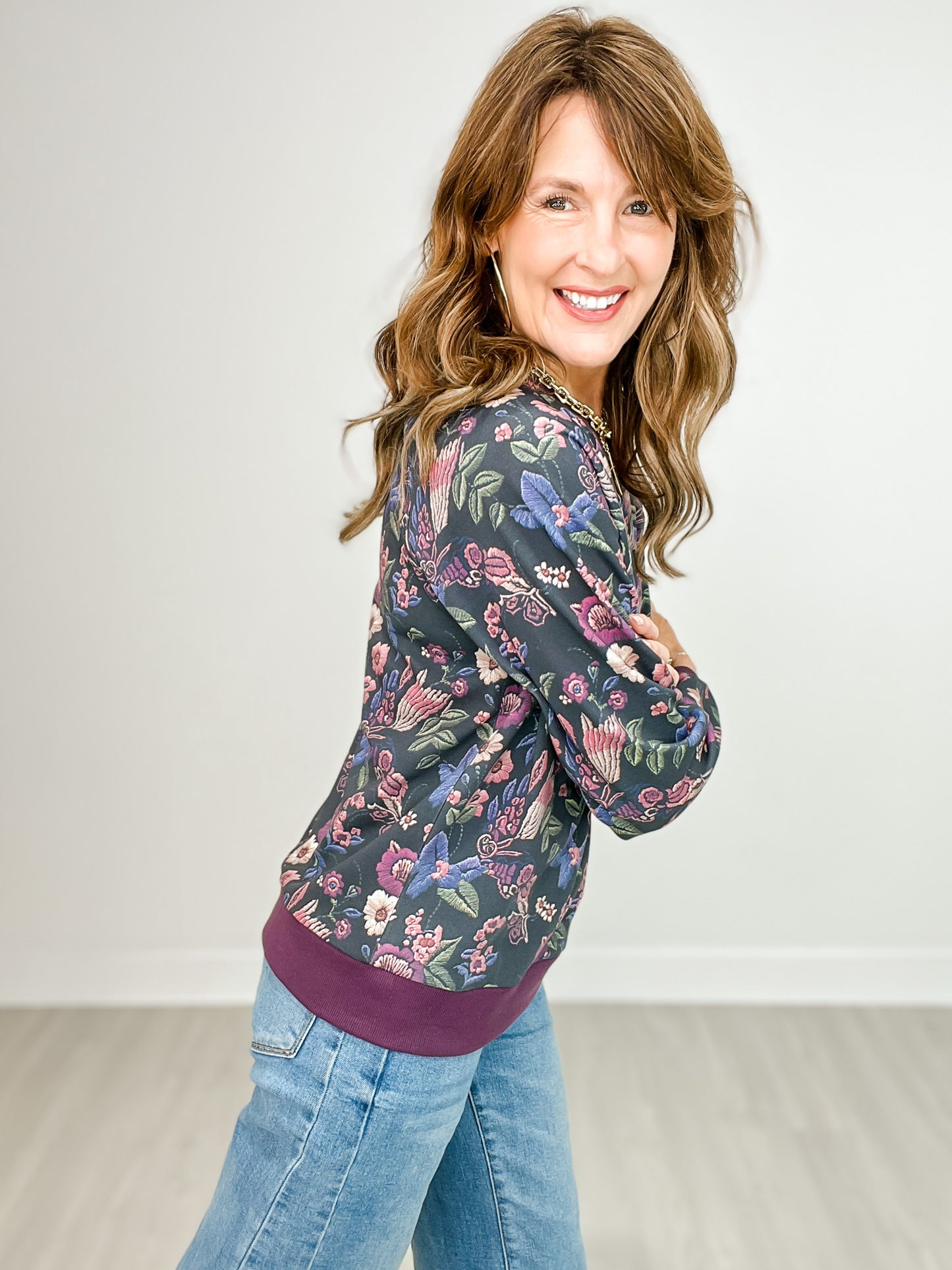 Floral Printed Long Sleeve Pullover Sweater