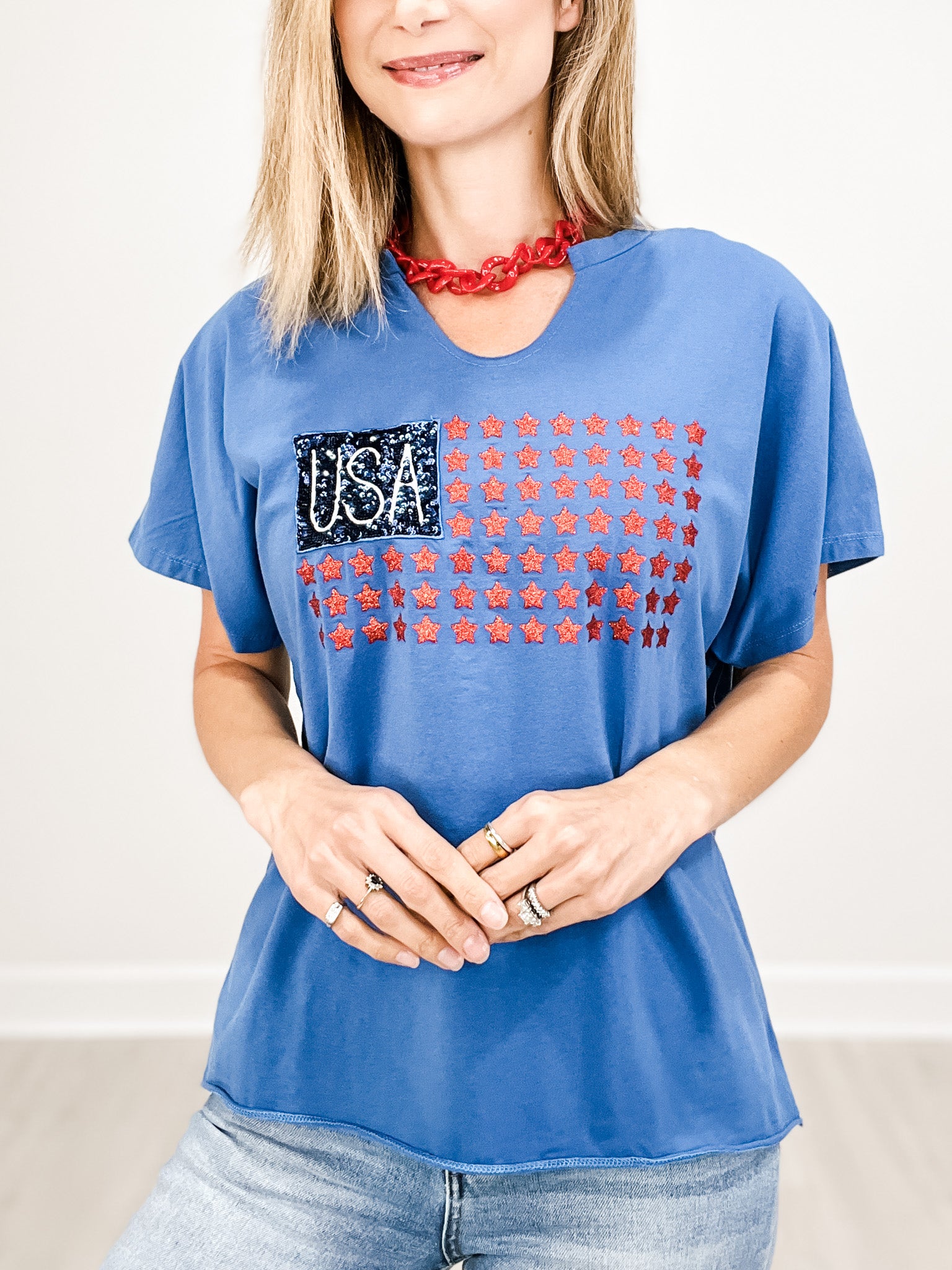 USA Flag Glitter Stars Short Sleeve Top