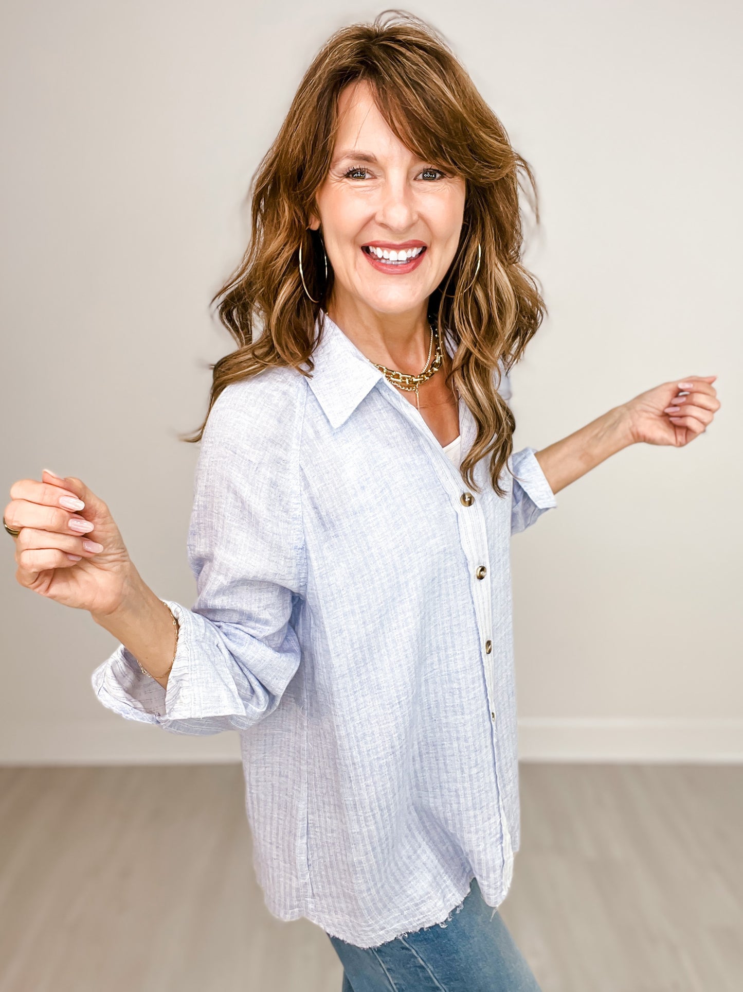 Raglan Long Sleeve Striped Gauze Button Down Collared Top