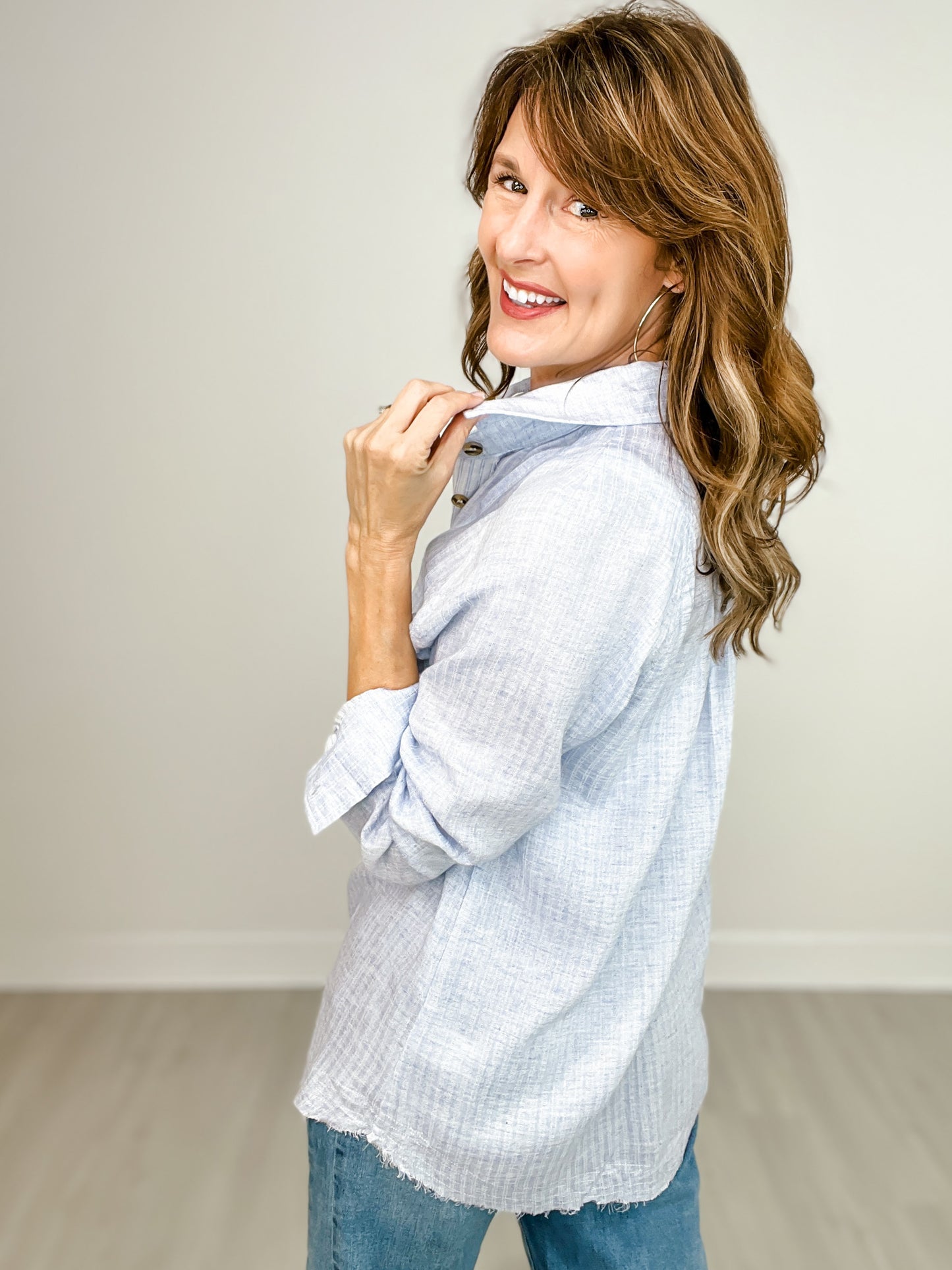 Raglan Long Sleeve Striped Gauze Button Down Collared Top