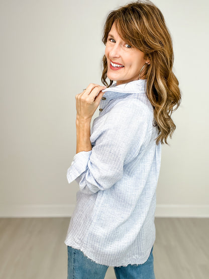 Raglan Long Sleeve Striped Gauze Button Down Collared Top
