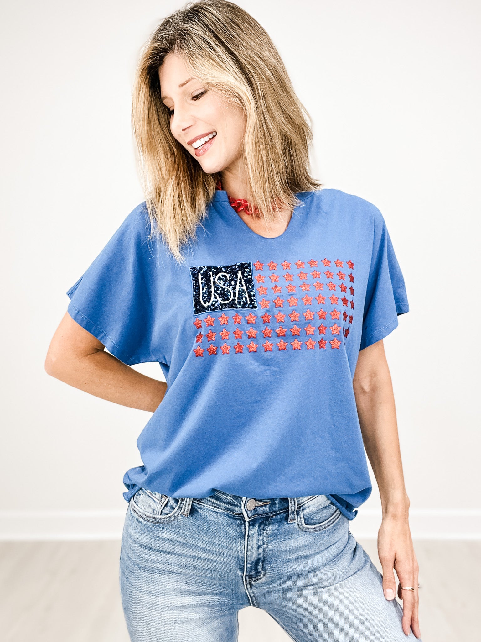 USA Flag Glitter Stars Short Sleeve Top