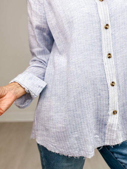 Raglan Long Sleeve Striped Gauze Button Down Collared Top