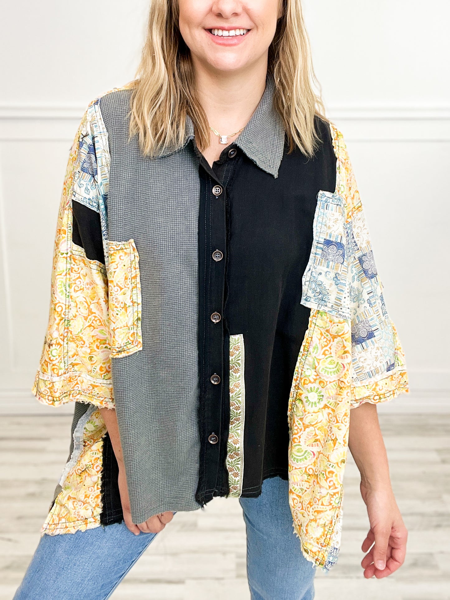 Multi Contrast Fabric Raw Edged Shirt Top