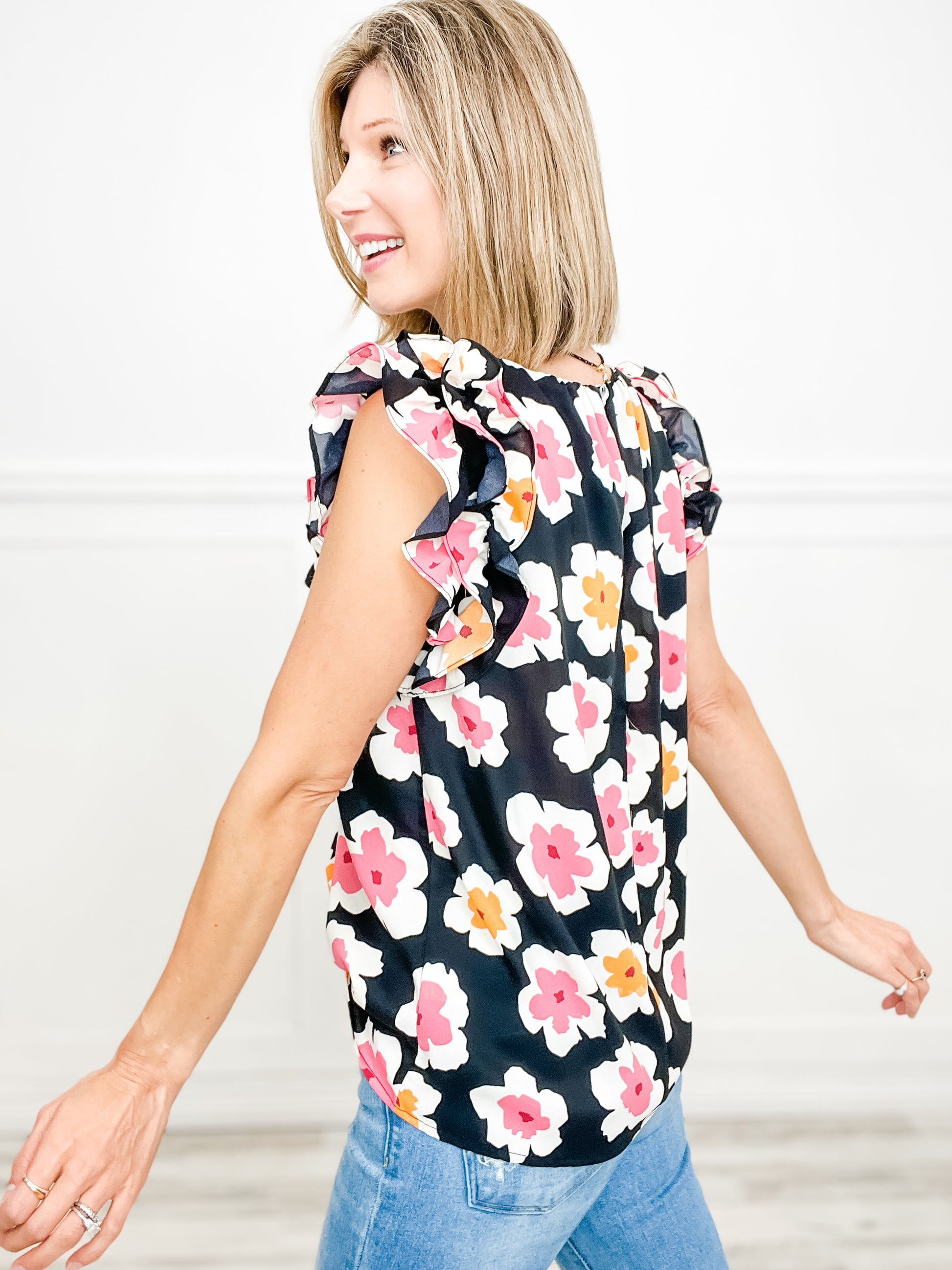 Flowers Make Me Happy Floral Print Top with Frill Sleeves
