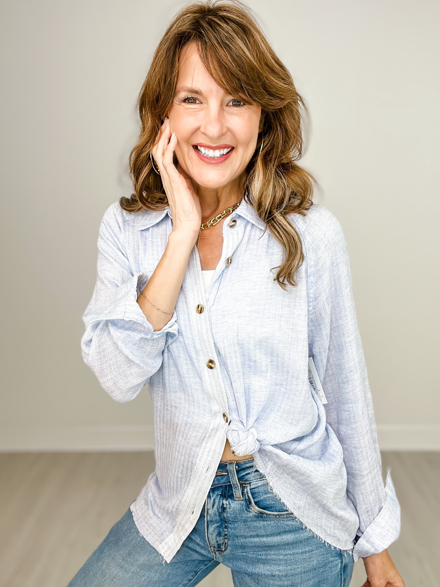 Raglan Long Sleeve Striped Gauze Button Down Collared Top
