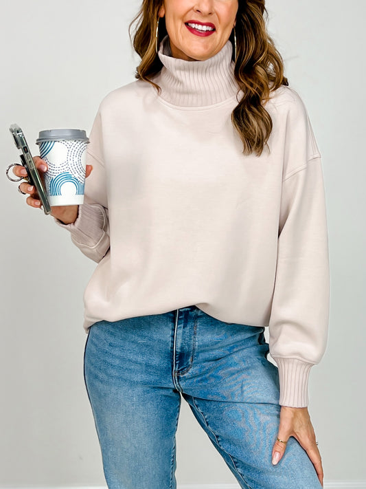 Modal Scuba Ribbed Mock Neck Pullover in Mocha Cream