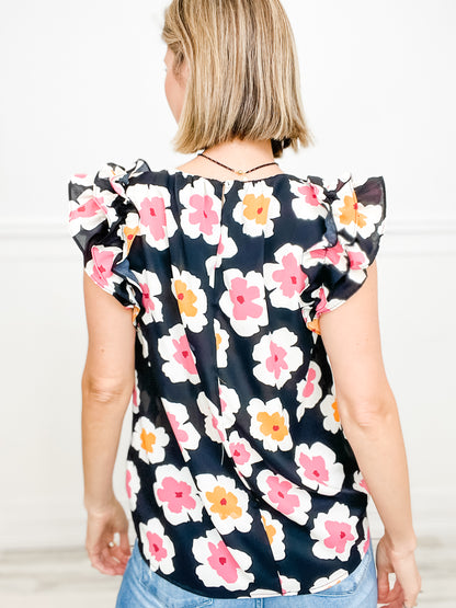 Flowers Make Me Happy Floral Print Top with Frill Sleeves