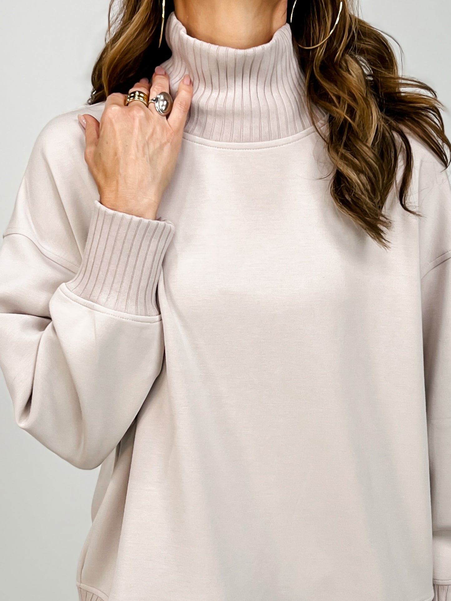 Modal Scuba Ribbed Mock Neck Pullover in Mocha Cream