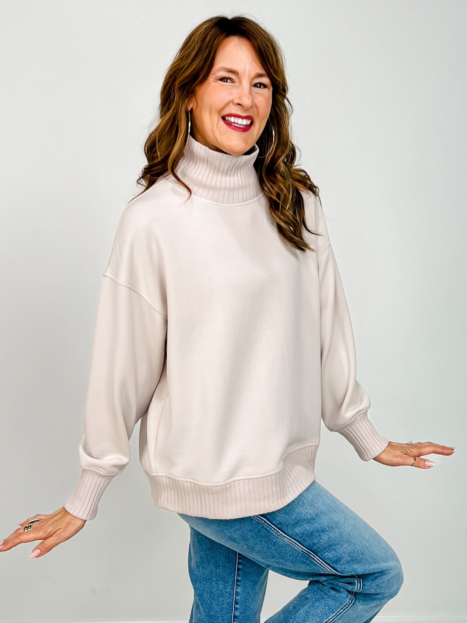 Modal Scuba Ribbed Mock Neck Pullover in Mocha Cream