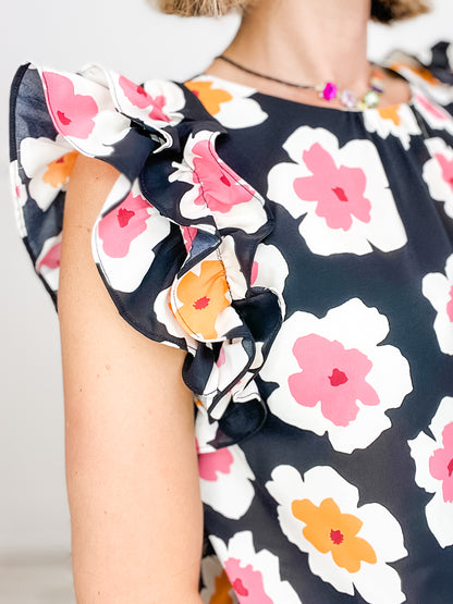 Flowers Make Me Happy Floral Print Top with Frill Sleeves