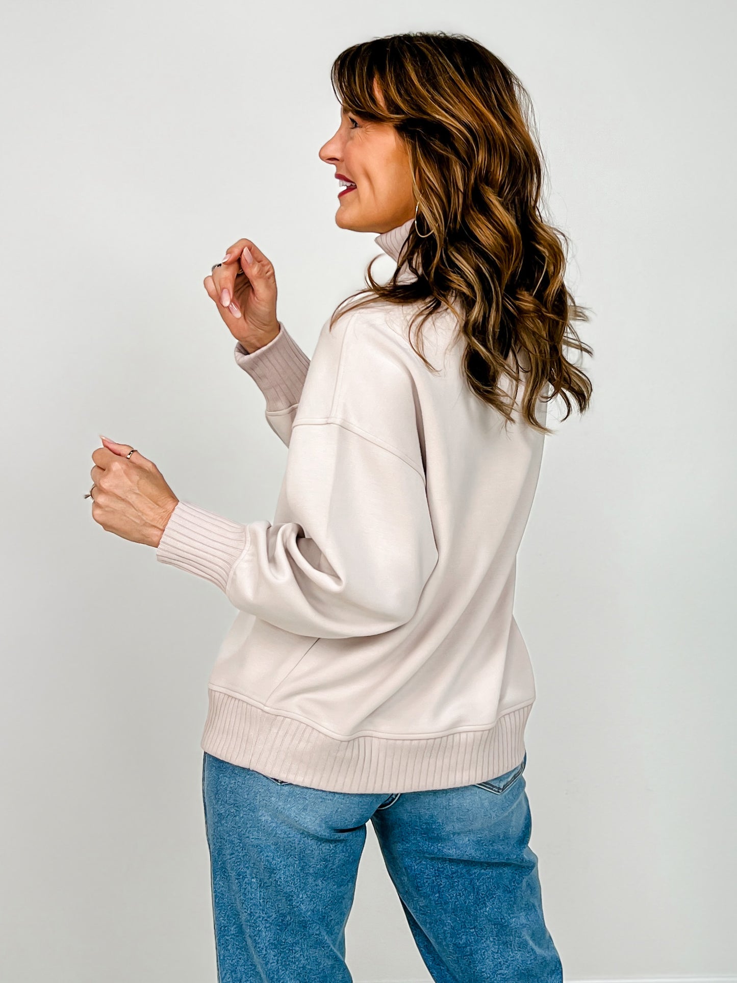 Modal Scuba Ribbed Mock Neck Pullover in Mocha Cream
